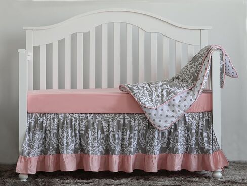 3 pcs set Boho Floral Ruffle Baby Minky Blanket Baby Nursery Crib Skirt Set Baby Girl Crib Bedding (Grey Purple) in Saudi Arabia