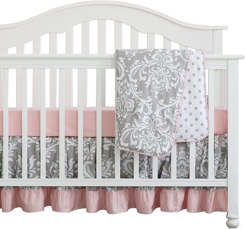 3 pcs set Boho Floral Ruffle Baby Minky Blanket Baby Nursery Crib Skirt Set Baby Girl Crib Bedding (Grey Purple) in Saudi Arabia