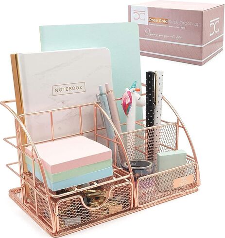 Rose Gold Desk Organizer for Women, Mesh All in One Desktop Organization for Office Supplies and Accessories - Aesthetic Storage Home and Office Decor, Pen, Pencil, and Paper Holder in Saudi Arabia