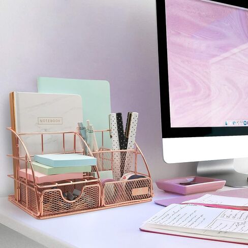Rose Gold Desk Organizer for Women, Mesh All in One Desktop Organization for Office Supplies and Accessories - Aesthetic Storage Home and Office Decor, Pen, Pencil, and Paper Holder in Saudi Arabia
