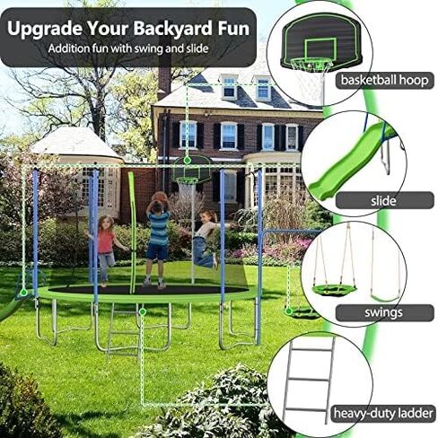 12 14FT Trampoline with Slide and Swings, ASTM Approved Large Recreational Trampoline with Basketball Hoop and Ladder,Outdoor Backyard Trampoline with Net, Capacity for 5-7 Kids and Adults in Saudi Arabia