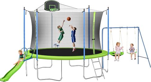 12 14FT Trampoline with Slide and Swings, ASTM Approved Large Recreational Trampoline with Basketball Hoop and Ladder,Outdoor Backyard Trampoline with Net, Capacity for 5-7 Kids and Adults in Saudi Arabia