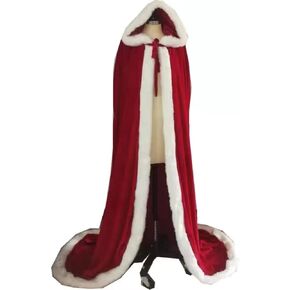 Classic Red Christmas Hooded Cape Mrs Claus Outfit with White Fluffy Trim Velvet Santa Claus Cloak