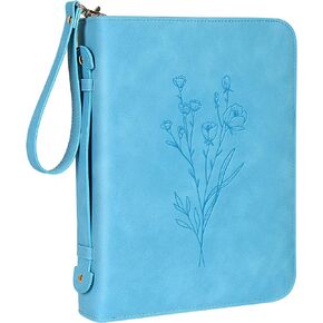 Bible Cover Case for Women, Leather Bible Case for Girl, Bible Bag with Handle, Detachable Wristlet Strap, Bible Carrying Case, Blue Bible Book Cover, Christian Gift for Lady, 10.5 x 7.8 x 2.1 inch