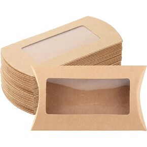 ISKYBOB 50 Pieces Kraft Paper Pillow Candy Boxes, 5 x 3in Small Treat Gift Box with Clear Windows Rustic Party Favors Packaging for Wedding, Baby Shower, Birthday