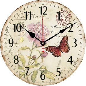 14 Inch Silent Non-Ticking Wall Clock, Big Arabic Numerals Wall Clocks, Butterfly and Flower Pattern Wooden Round Clock, Battery Operated Home Decor Hanging Clocks