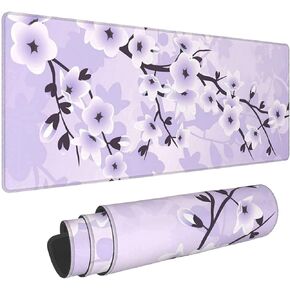 Floral Cherry Blossoms Gaming Mouse Pad XL Extended Large Mouse Mat Desk Pad Stitched Edges Mousepad Long Non-Slip Rubber Base Mice Pad 31.5 X 11.8 Inch Purple
