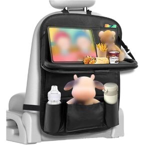 Car Backseat Organizer with Tablet Holder, 9 Storage Pockets PU Leather Foldable Table Tray Seat Back Protectors, Car Seat Back Protectors Kick Mats Car Accessories (Beige)