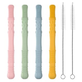 Baby Teething Tubes Teether Sticks, 4 Pack Silicone Hollow Teething Sticks for Babies 6-12 Months Infant Teething Relief Chew Tubes Toddler Teething Straws Baby Gifts Teethers for Kids Girls Boys
