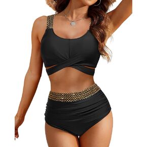 Daci Women High Waisted Bikini Set Tummy Control 2 Piece Swimsuit Push Up Bathing Suit with Full Coverage Bottom
