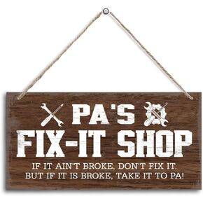 Pop's Fix-It Shop If It Ain't Broke, Don't Fix It. But If It Is Broke, Take It To Pop! Wood Decor Sign, Hanging Printed Wooden Plaque Decor, Rustic Home Decor Sign, Gift for Grandpa 12x6 in