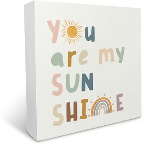Inspirational Quote You are My Sunshine Boho Sun Rainbow Wood Box Sign Rustic Farmhouse Style Wood Block Plaque Decor for Home Kids Girls Room Nursery Playroom Wall Desk Shelf Decoration