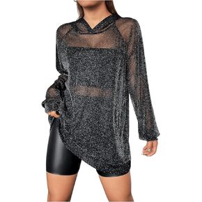 GORGLITTER Women's Glitter Mesh Hoodie Raglan Sleeve Sexy See Through Long Sweatshirt