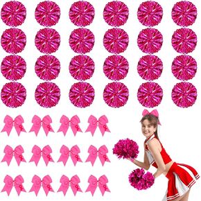 Retrowavy 36 Pcs 12 Inch Cheerleadering Poms Poms and Large Cheer Hair Bow for Girl, Cheer Poms Poms with Handle for Breast Cancer Procession Halloween Softball Dance Cheer
