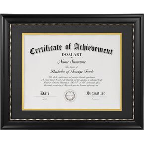 DOAI ART 8.5 x 11 Diploma Frame Classic Black Display 8.5x11-inch with Black Over Gold Mat or 11x14 Document &Certificate Without Mat, Gold Beads Hanging Hardware Included, Tabletop