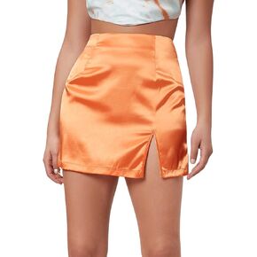Milumia Women's Satin Skirt Split Hem Zipper Hight Waisted Straight Mini Pencil Skirts