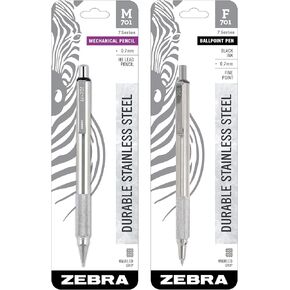Zebra Pen Model F/M 701 Mechanical Pencil and Ballpoint Pen Set, Stainless Steel, Fine Point, 0.7mm Lead, Designer Metal Clip, Refillable, Pack of 2