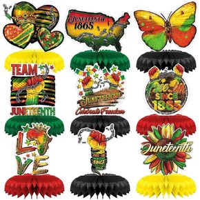 9 Pcs Happy Juneteenth Day Table Centerpieces Party Decoration 1865 Freedom Honeycomb Centerpieces Black Americans Independence 1865 Theme Party Table Toppers for Juneteenth Party Decorations
