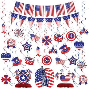 37PCS 4th of July Decorations Set Includes USA Hanging Swirls, American Flag Pennant Patriotic Banner, Independence Day Honeycomb Centerpieces for Table, USA Party Decorations for Home Office