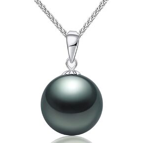Upgraded thick 18K White Gold Single Tahitian Black Pearl Pendant Adjustable Fancy 15 - 24 Inch Sturdy Chain Necklace - Birthday Anniversary Jewelry Gifts for Women Wife Mom Daughter (18K White Gold)