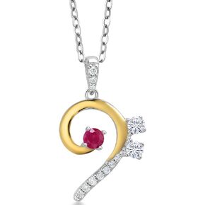 925 Sterling Silver and 10K Yellow Gold Red Ruby White Moissanite and White Lab Grown Diamond Bass Clef Music Note Pendant Necklace For Women By Keren Hanan (0.37 Cttw, with 18 Inch Chain)
