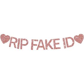 BEISHIDA Pre Strung Glitter RIP Fake ID Banner， Rose Gold Glitter Funny 21st Birthday Banner-No DIY，Rip Fake ID Banner Backdrop for 21 Birthday Party，Funny Happy 21st Birthday Banner for Him，Her