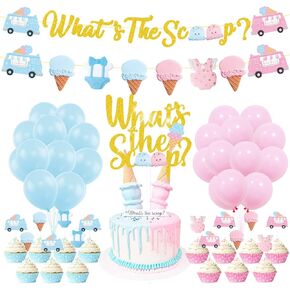 Gender Reveal Party Decorations - Ice Cream 'What's the Scoop' Banner Cake Cupcake Topper Pink Blue Balloon for Summer Ice Cream Theme Boy or Girl Baby Shower Mom To Be Party Supplies