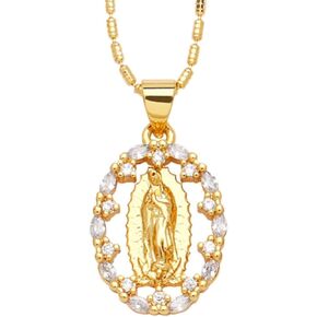 Crystal Virgin Mary Charm Necklace Gold Plated Zircon Virgen Maria Oval Pendant Necklace Christian Jewelry Gift