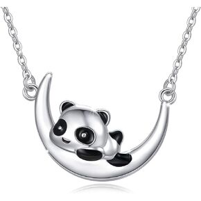 MEDWISE 925 Sterling Silver Panda Necklace Panda on Crescent Moon Pendant Necklace Jewelry Gifts Cute Animal Necklace Jewelry Gifts for Women Girls Birthday Christmas Valentines Day