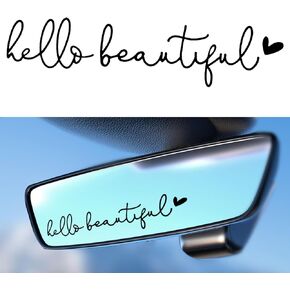 Hello Beautiful Car Rearview Mirror Stickers Decals, Car Window Stickers and Decals, Dresser Mirror Decor, Cute Car Decoration Accessories Rear View Mirror Decals for Women (Black)