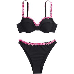 SHENHE Women's 2 Piece Underwire Swimsuits Floral Embroidered Padded Bikini Set Swimwear
