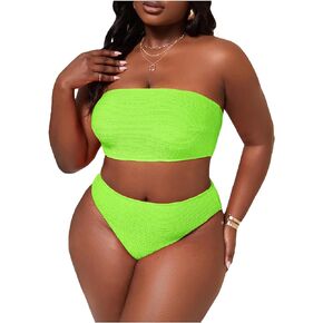 WDIRARA Women's Plus Size Textured Bandeau Bikini 2 Piece Set Summer High Waist Strapless Swimsuit Bathing Suits