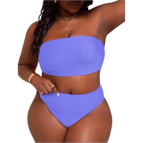 WDIRARA Women's Plus Size Textured Bandeau Bikini 2 Piece Set Summer High Waist Strapless Swimsuit Bathing Suits