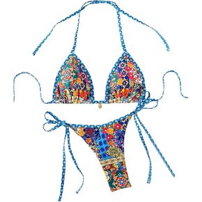Women's 2 Piece Floral Bikini Boho Halter Triangle Bikini Set Tie Back Swimsuit Bathing Suit Beachwear Swimwear