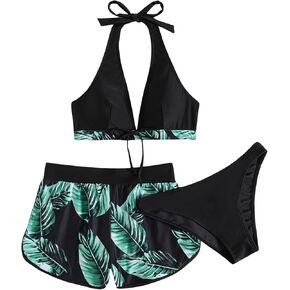 GORGLITTER Women's 3 Piece Tropical Swimsuit Triangle Halter Tops High Waisted Thong Bikini Set with Swim Shorts in Saudi Arabia