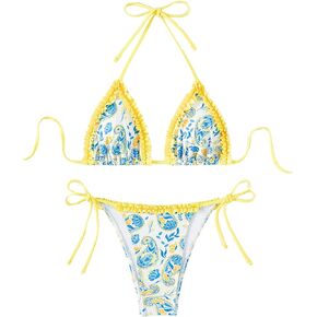 WDIRARA Women's 2 Piece Floral Halter Ruffled Trim Triangle Swimsuit Tie Back Cheeky Bikini Set in Saudi Arabia