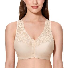 CALVENA Women's Front Closure Bra Full Coverage Wirefree Lace Plus Size Bra Racerback