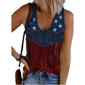 Womens American Flag Fringe Tank Top American Flag Pattern Floral Tassel Shirt 4Th of July Shirt