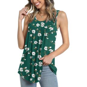 Anydeer Women's Tank Top Summer Pleated Sleeveless Shirt Casual Tunic Curved Hem Flowy Basic Blouse