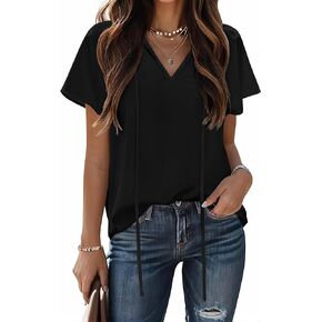 HOTOUCH Women's Casual Short Sleeve Shirts Summer Printed V Neck Blouses Drawstring Ruffled Boho T Shirt Flowy Tunic