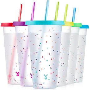 Meoky Confetti Color Changing Cups with Lids and Straws for Iced Coffee, Party, Pool - 6 Pack 24oz Reusable Plastic Tumblers for Kids and Adults