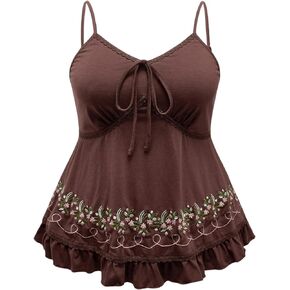 SHENHE Women's Plus Size Floral Embroidery Ruffled Cami Top Tie Front Lace Peplum Top