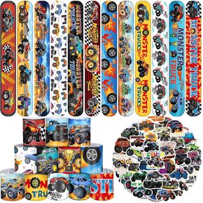 Monster Truck Party Favors, 24 Pcs Monster Truck Slap Bracelets 50 Pcs Monster Truck Stickers Monster Truck Birthday Party Decorations Supplies Gifts for Kids Boys Classroom Rewards