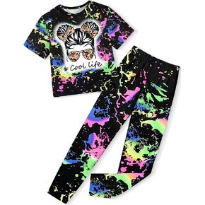 Girls Clothes Tie Dye Girl Outfits Cute Graphic Short Sleeve Tops Long Pants Two Piece Sweatsuits Set 6-14 Years Old