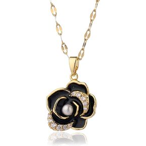 HSQYJ Shiny 14k Gold Crystal Rose Necklace Exquisite Shiny Enamel Rhinestone Flower Stainless Steel Necklace Fashion Floral Choker Costume Jewelry Gift for Women Girls