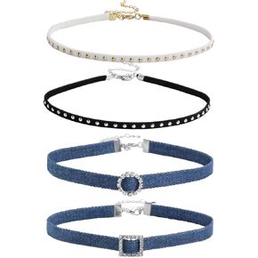 MILAKOO 4 Pcs Blue Jean Denim Choker Necklace Women Punk Rock Studded Choker Collar Necklace