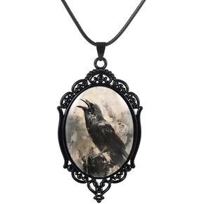 Goth Raven Cameo Necklace Set Vintage Gothic Crow Cross Pendant Halloween Witch Costume Accessories Women Girls Chocker Jewelry Gift