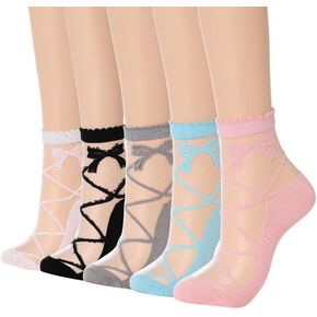Campsis Sheer Sock Bow Sheer Ankle Socks Cute Transparent Socks Nylon Sock for Women Mesh Lace Transparent Sock for Summer and Daily(5 Pairs)