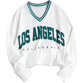 SweatyRocks Girl's Letter Print Long Sleeve T Shirts V Neck Drop Shoulder Loose Pullover Tops
