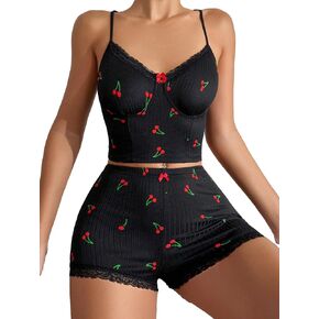 WDIRARA Women's 2 Piece Sleepwear Fruit Cherry Print Lace Trim Sleeveless Cami Top and Shorts Pajama Set